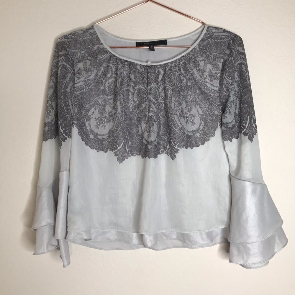 BCBGMAXAZRIA chiffon overlay satin crop blouse‎